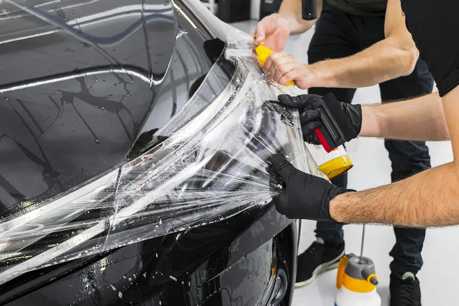 applying a protective film to the car with tools for work.