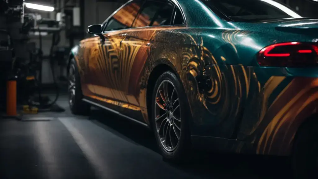 Create an image showcasing a vehicle wrap being meticulously printed and carefully applied to a car, highlighting the intricate installation process. Focus on the precision and attention to detail involved.