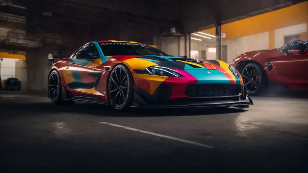 Create an image of a vehicle with bold, eye-catching graphics that seamlessly blend with the vehicle’s contours and showcase the importance of color, typography, and brand consistency in vehicle wrap branding.