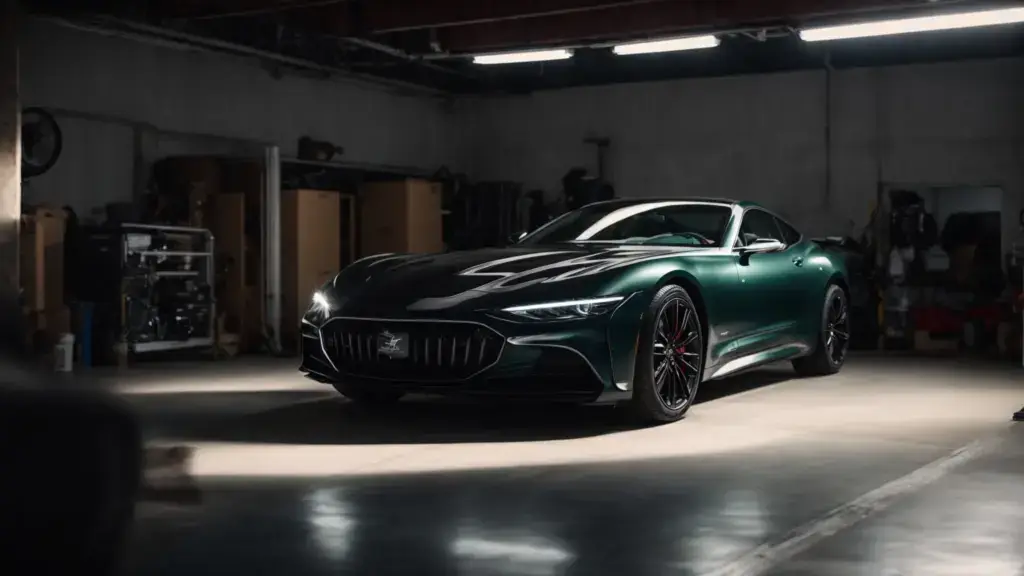 a car with a glossy wrap is parked in a spacious, well-lit garage, while a professional gently wipes its surface with a soft cloth.