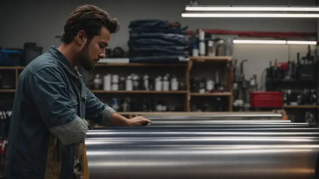 a person stands, contemplating a roll of vinyl wrap and tools on one side, and a professional installer's workshop on the other.