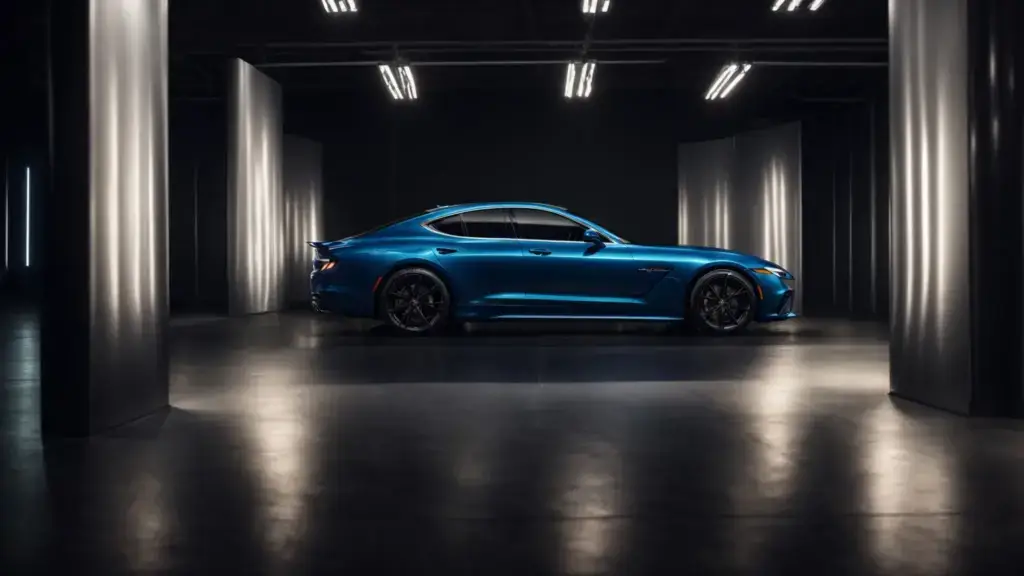 a sleek car wrapped in glossy vinyl sits parked under the bright lights of a design studio.