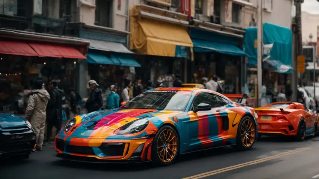 a colorful, wrapped car stands out prominently on a bustling city street.