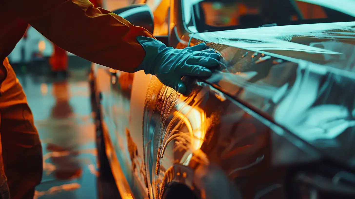 a mechanic cleaning a faded vehicle wrap.