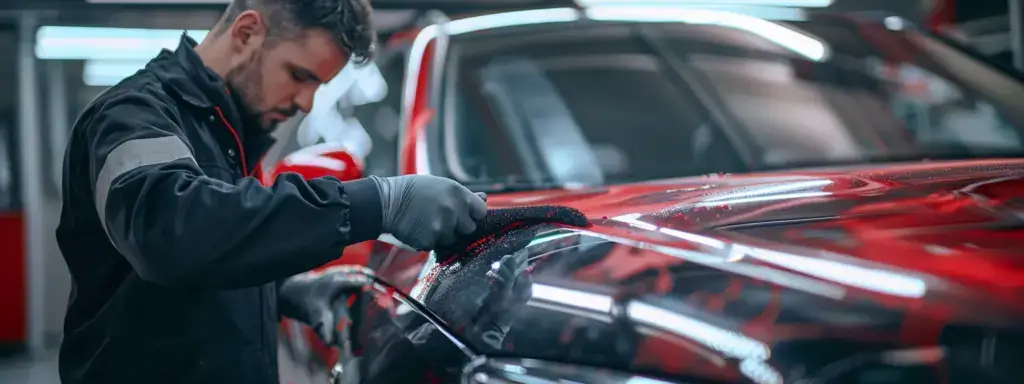 a mechanic using a buffer to restore a faded vehicle wrap.
