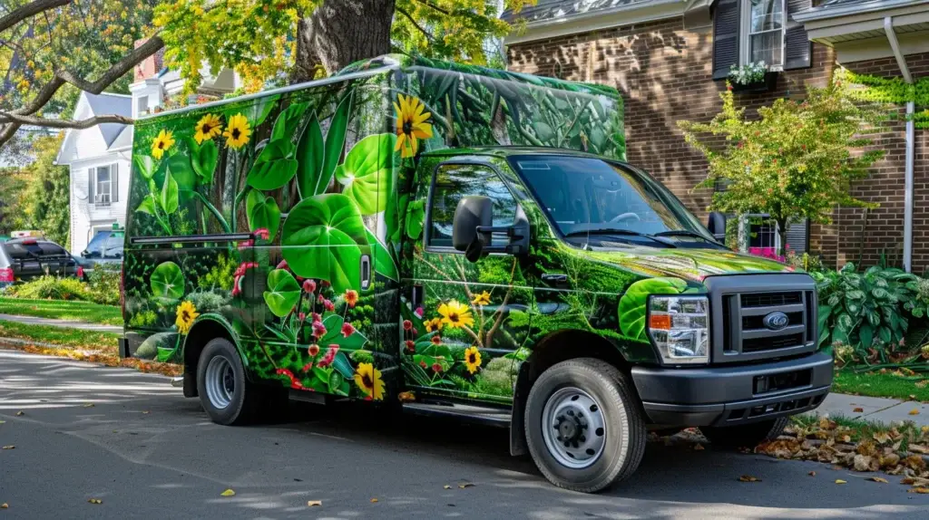 a professional landscape services wrapped vehicle displaying eye-catching green graphics