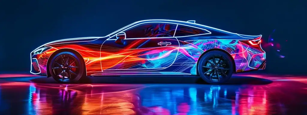 a sleek and modern car wrapped in a vibrant and eye-catching design.