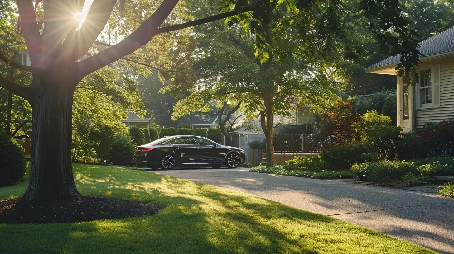 Black car parked in a sunlit driveway surrounded by lush greenery, emphasizing vehicle aesthetics and comfort associated with window tinting.