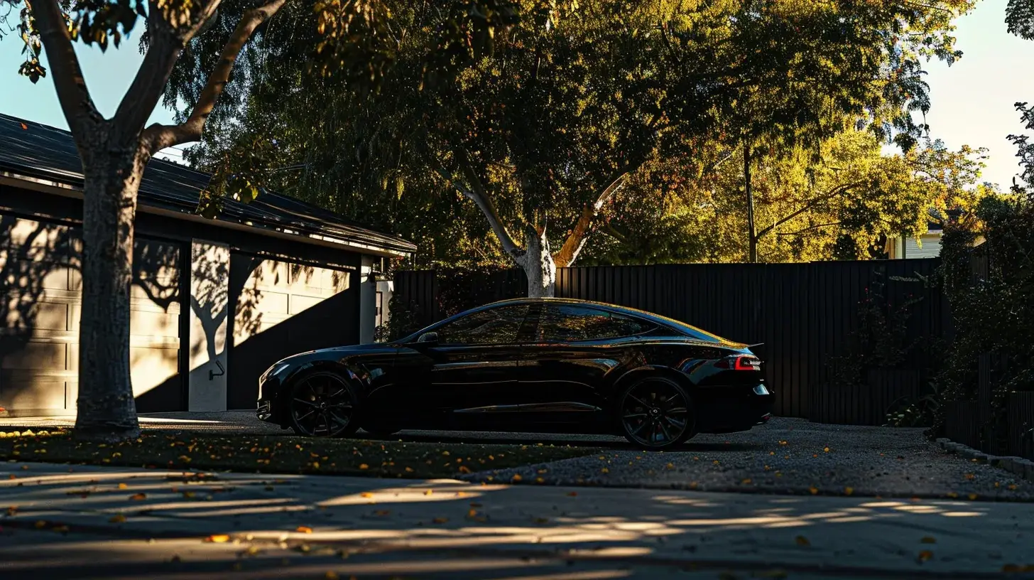 Black vehicle parked in a driveway, showcasing tinted windows for enhanced privacy and security, surrounded by foliage and a modern home setting.