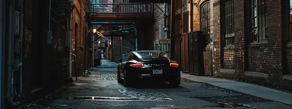 a sleek black car with tinted windows parked in a dimly lit alleyway, exuding an air of mystery and security.