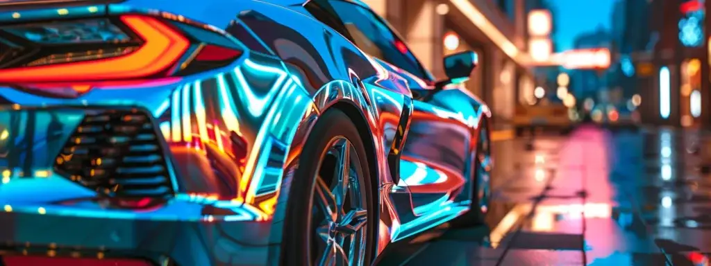 a sleek, metallic-blue car wrapped in a color-changing material that reflects a spectrum of vibrant colors in the sunlight.